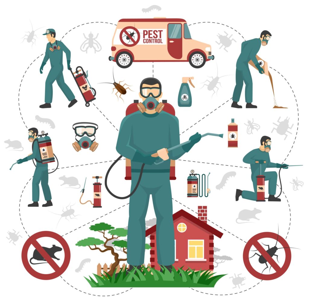 illustration of a pest controller in the centre with dashed lines connecting to pest controllers doing various jobs and various pest control equipment